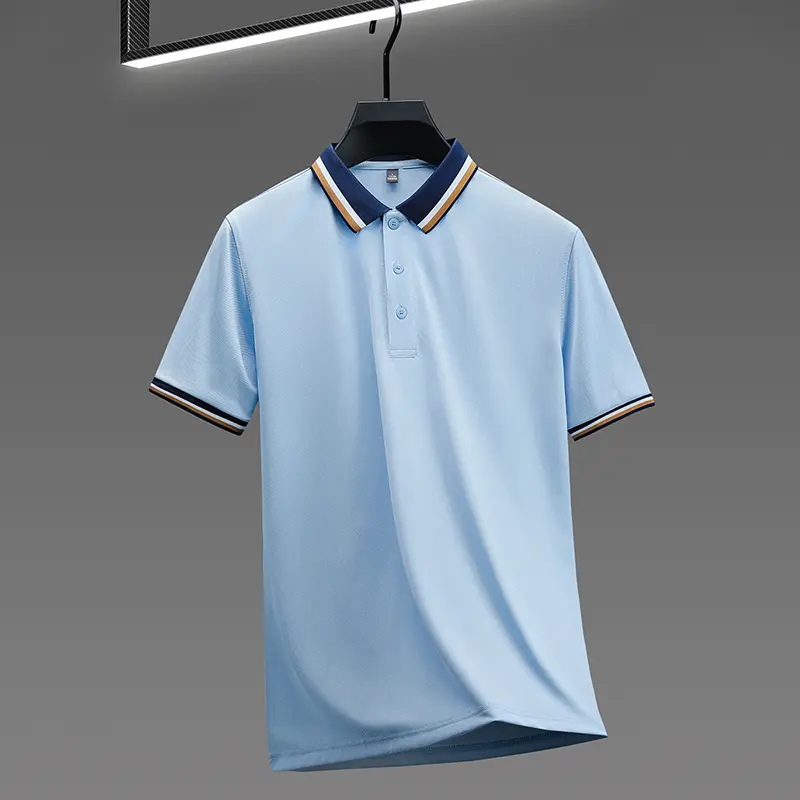 Luxury fashion short sleeve polo shirt men summer high-end ice silk breathable personality striped color matching lapel T-shirt