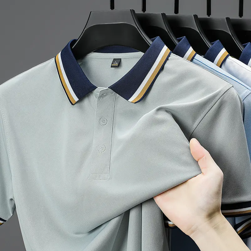Luxury fashion short sleeve polo shirt men summer high-end ice silk breathable personality striped color matching lapel T-shirt
