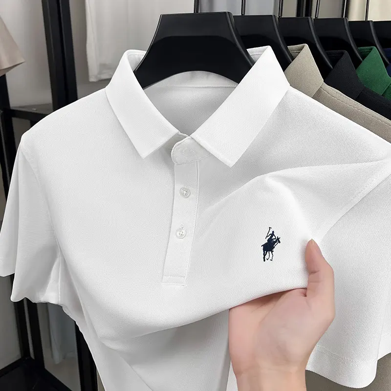 High end brand ice silk short sleeve polo shirt men's summer new trend exquisite Paul embroidery casual business golf T-shirt