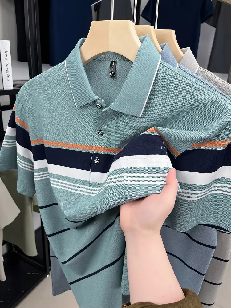 Luxury fashion color blocked striped short sleeve polo shirt men's lapel top summer high-end brand business casual Paul T-shirt