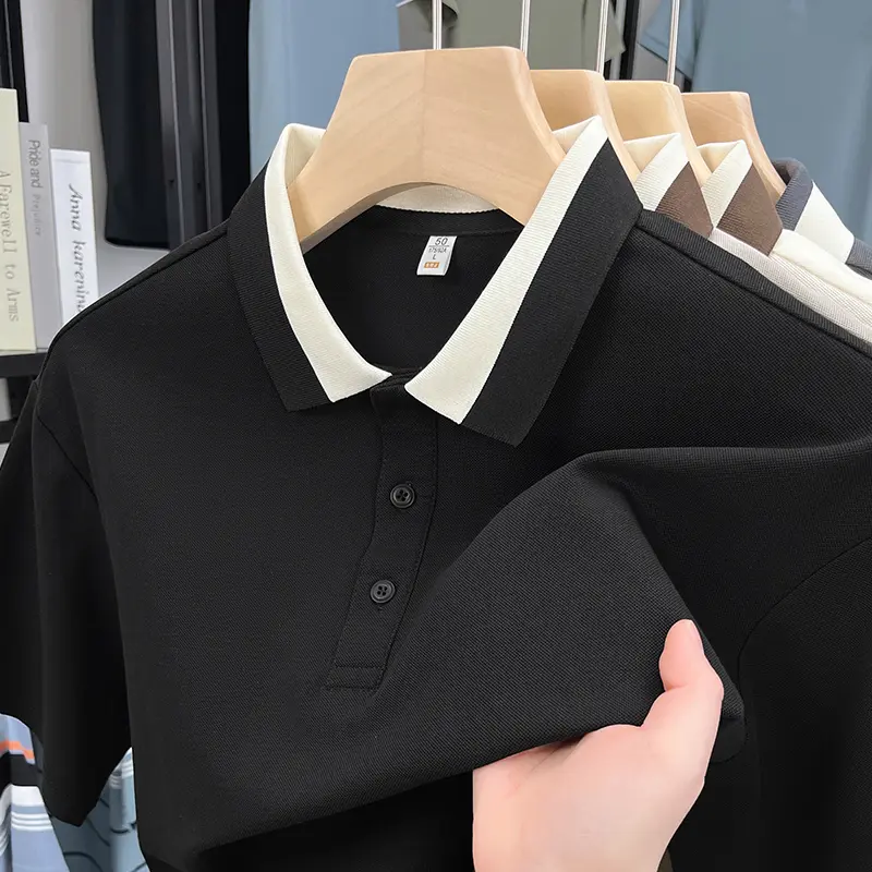 High end cotton color blocked lapel short sleeve T-shirt men's summer trend youth new solid color loose Korean casual polo shirt