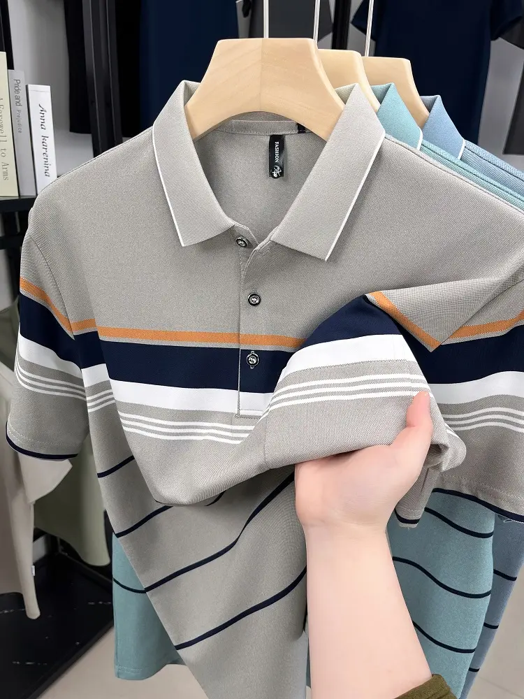 Luxury fashion color blocked striped short sleeve polo shirt men's lapel top summer high-end brand business casual Paul T-shirt