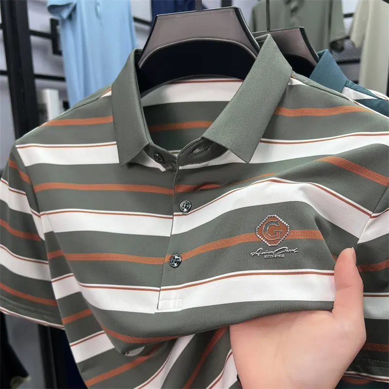 Brand exquisite letter emboss men short sleeve polo shirt high-end business casual Korean style T-shirt fashion striped new top