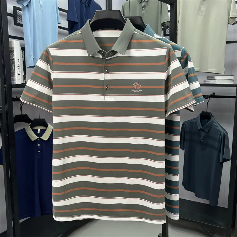Brand exquisite letter emboss men short sleeve polo shirt high-end business casual Korean style T-shirt fashion striped new top