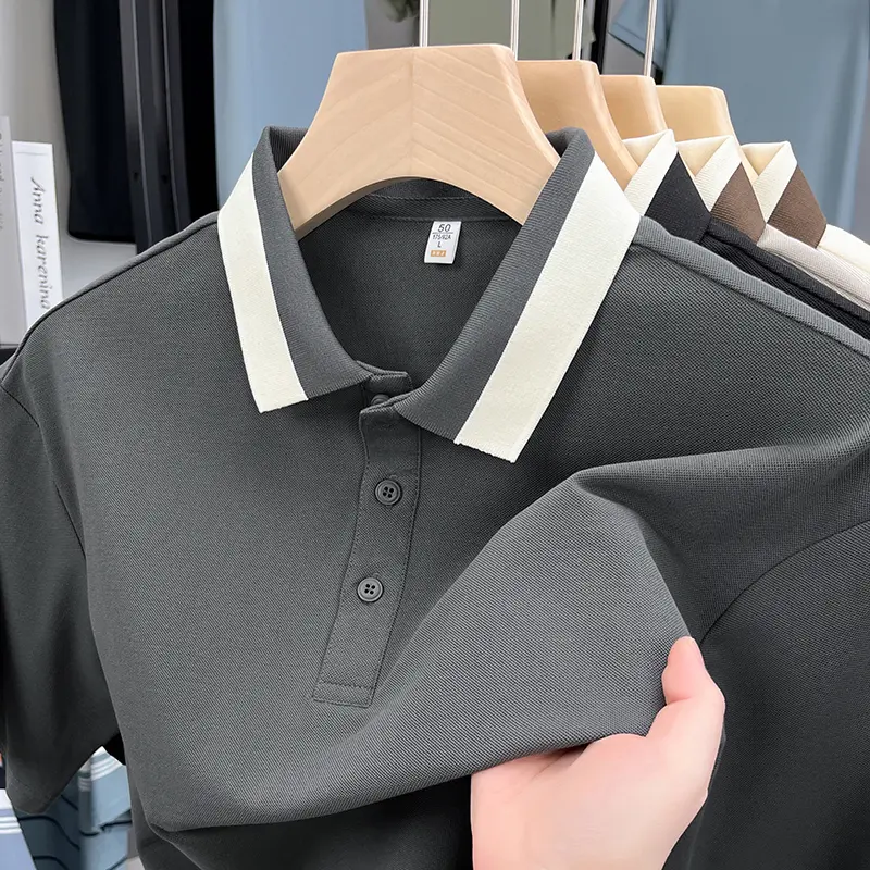 High end cotton color blocked lapel short sleeve T-shirt men's summer trend youth new solid color loose Korean casual polo shirt