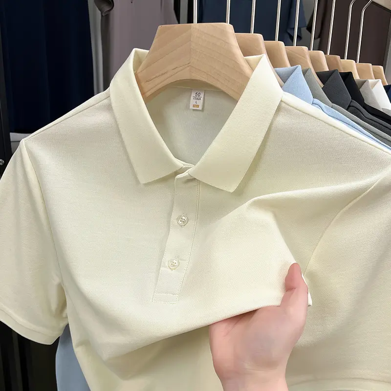 Advanced silk cotton short sleeve polo shirt men's summer fashion solid color casual Korean lapel top cool breathable T-shirt