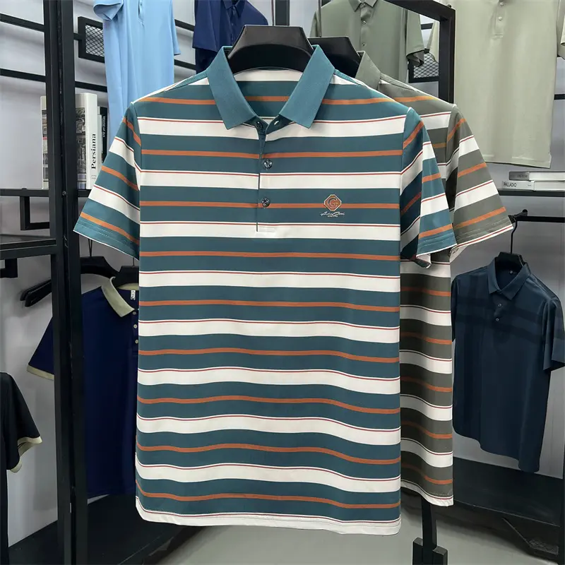 Brand exquisite letter emboss men short sleeve polo shirt high-end business casual Korean style T-shirt fashion striped new top
