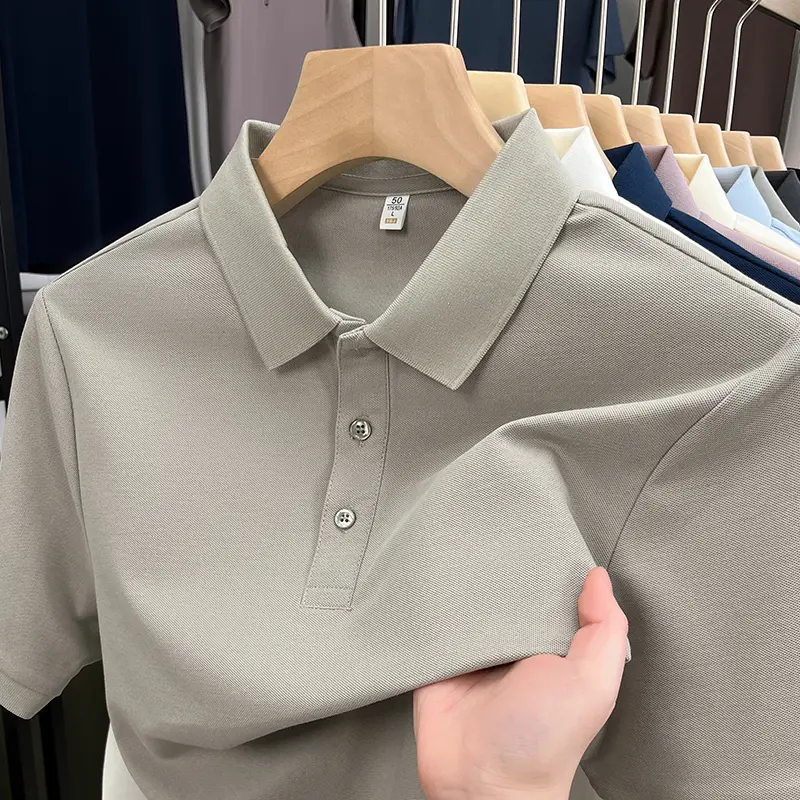 Advanced silk cotton short sleeve polo shirt men's summer fashion solid color casual Korean lapel top cool breathable T-shirt