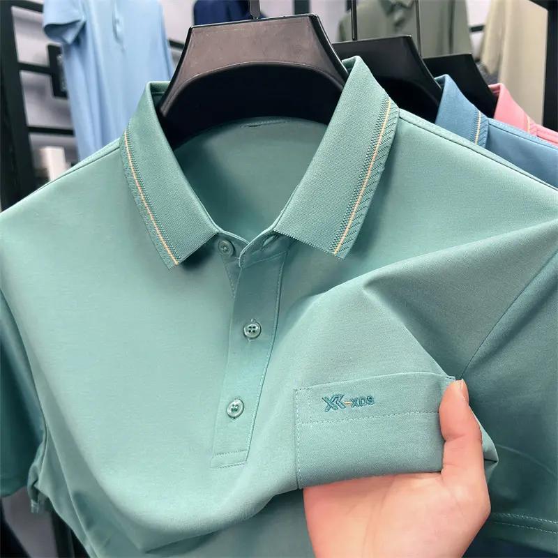 Advanced fashion men polo shirt short sleeve comfort summer simple solid color pocket light luxury business casual lapel T-shirt
