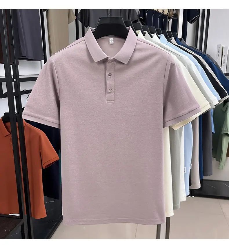 Advanced silk cotton short sleeve polo shirt men's summer fashion solid color casual Korean lapel top cool breathable T-shirt