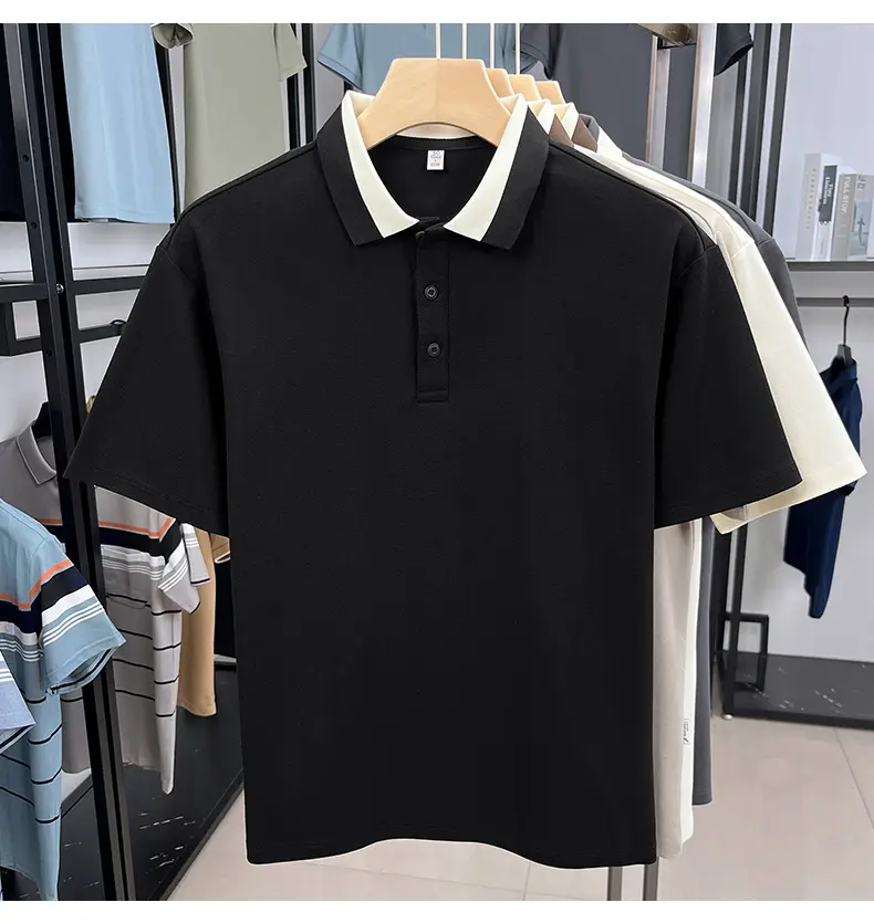 High end cotton color blocked lapel short sleeve T-shirt men's summer trend youth new solid color loose Korean casual polo shirt