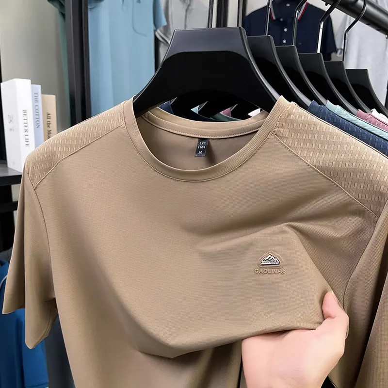 Luxury brand short sleeve T-shirt men's fashion letter embroidery summer new silk comfortable breathable casual round neck top