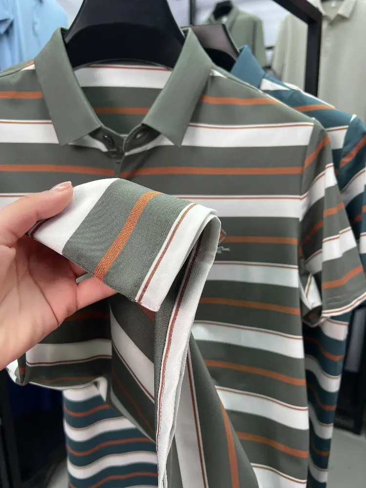 Brand exquisite letter emboss men short sleeve polo shirt high-end business casual Korean style T-shirt fashion striped new top
