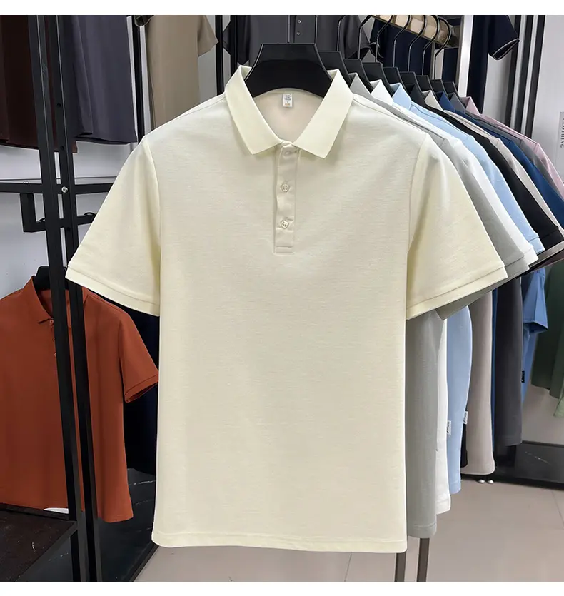 Advanced silk cotton short sleeve polo shirt men's summer fashion solid color casual Korean lapel top cool breathable T-shirt