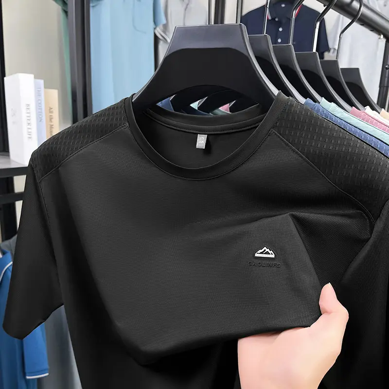 Luxury brand short sleeve T-shirt men's fashion letter embroidery summer new silk comfortable breathable casual round neck top