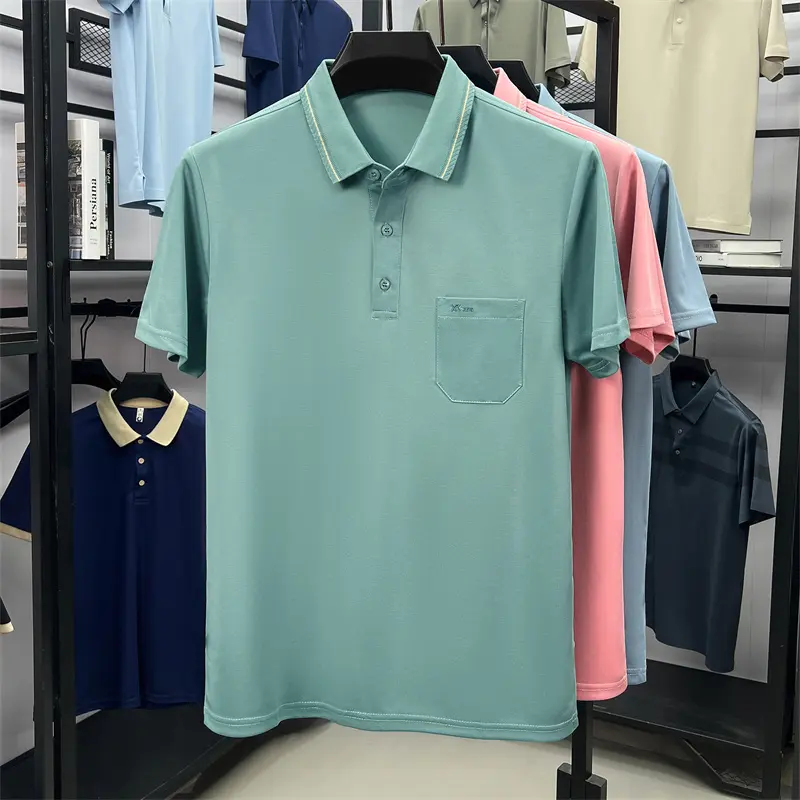 Advanced fashion men polo shirt short sleeve comfort summer simple solid color pocket light luxury business casual lapel T-shirt