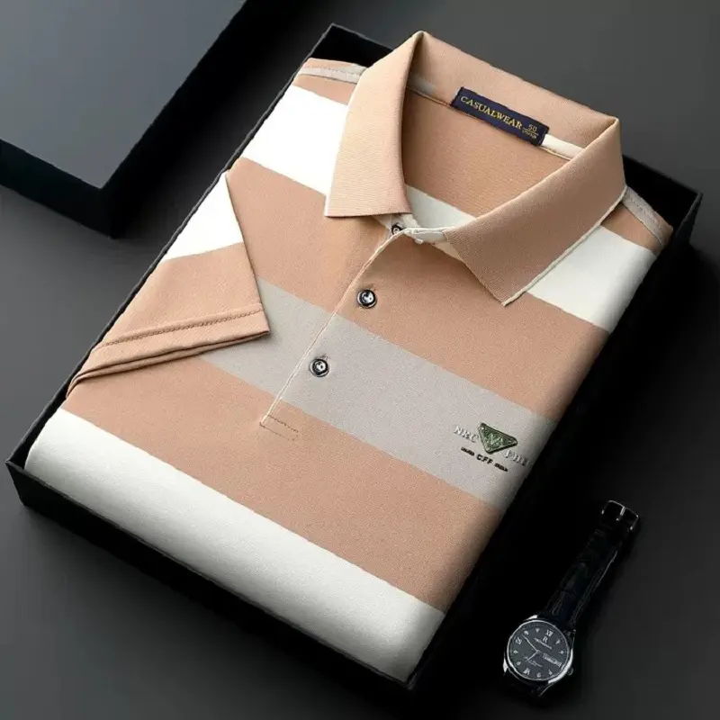 Luxury brand embossed short sleeve polo shirt summer new fashion T-shirt striped color blocked golf business casual men's wear