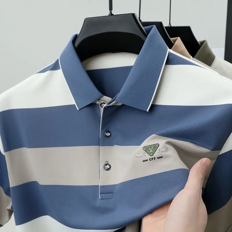 Luxury brand embossed short sleeve polo shirt summer new fashion T-shirt striped color blocked golf business casual men's wear