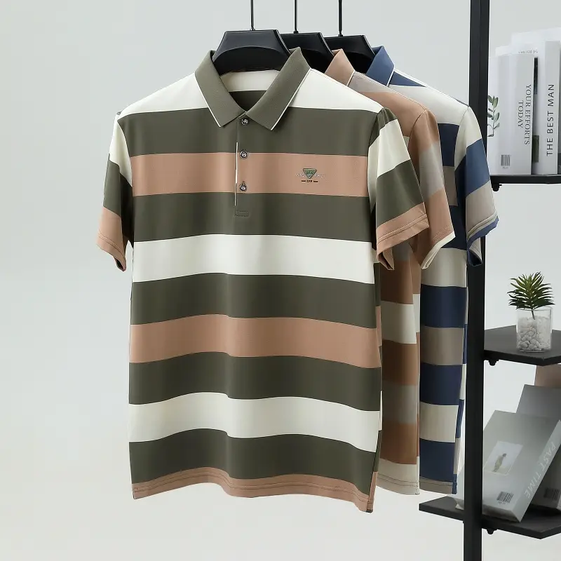 Luxury brand embossed short sleeve polo shirt summer new fashion T-shirt striped color blocked golf business casual men's wear