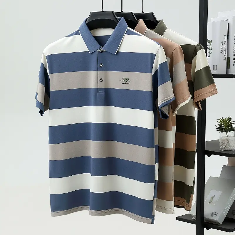 Luxury brand embossed short sleeve polo shirt summer new fashion T-shirt striped color blocked golf business casual men's wear