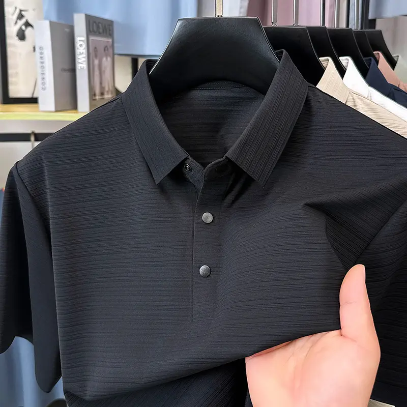 High end personalized line design short sleeve polo shirt fashion men's summer T-shirt ice silk no trace solid color casual top