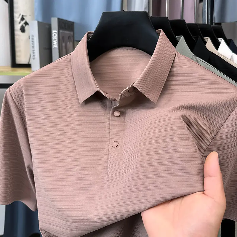 High end personalized line design short sleeve polo shirt fashion men's summer T-shirt ice silk no trace solid color casual top