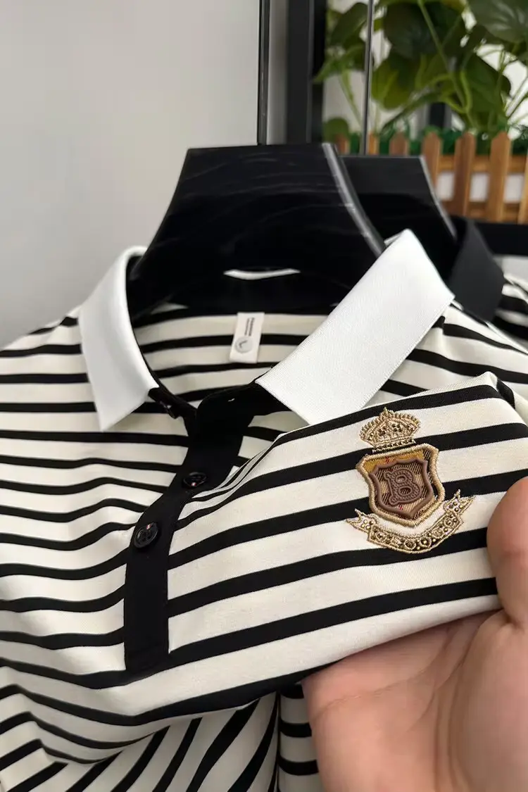 High end brand short sleeve polo shirt men's summer fashion letter embroidery stripe design top breathable casual lapel T-shirt