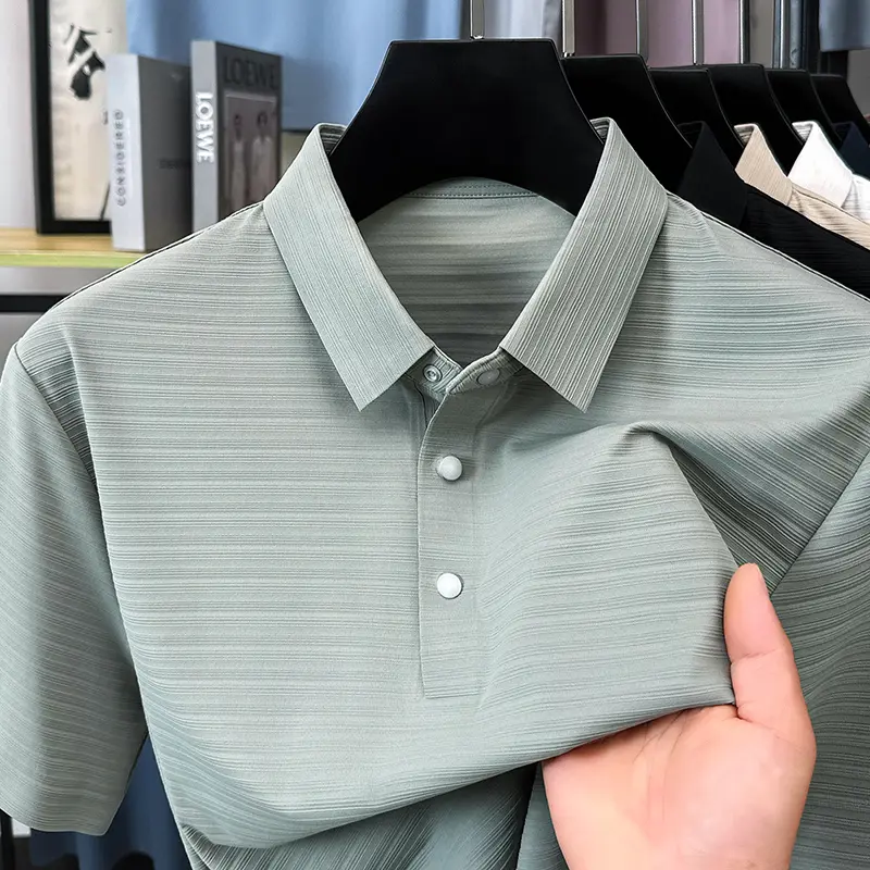 High end personalized line design short sleeve polo shirt fashion men's summer T-shirt ice silk no trace solid color casual top
