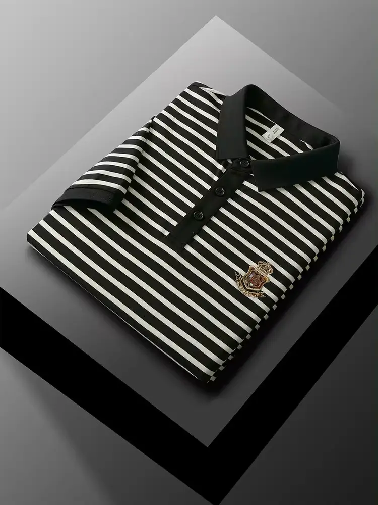 High end brand short sleeve polo shirt men's summer fashion letter embroidery stripe design top breathable casual lapel T-shirt