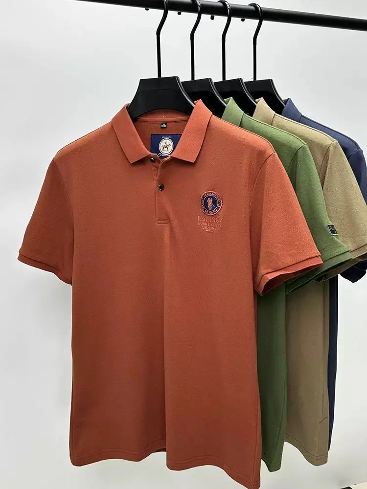 High end brand men's short sleeve polo shirt fashionable round badge letter embossed summer breathable casual new lapel T-shirt