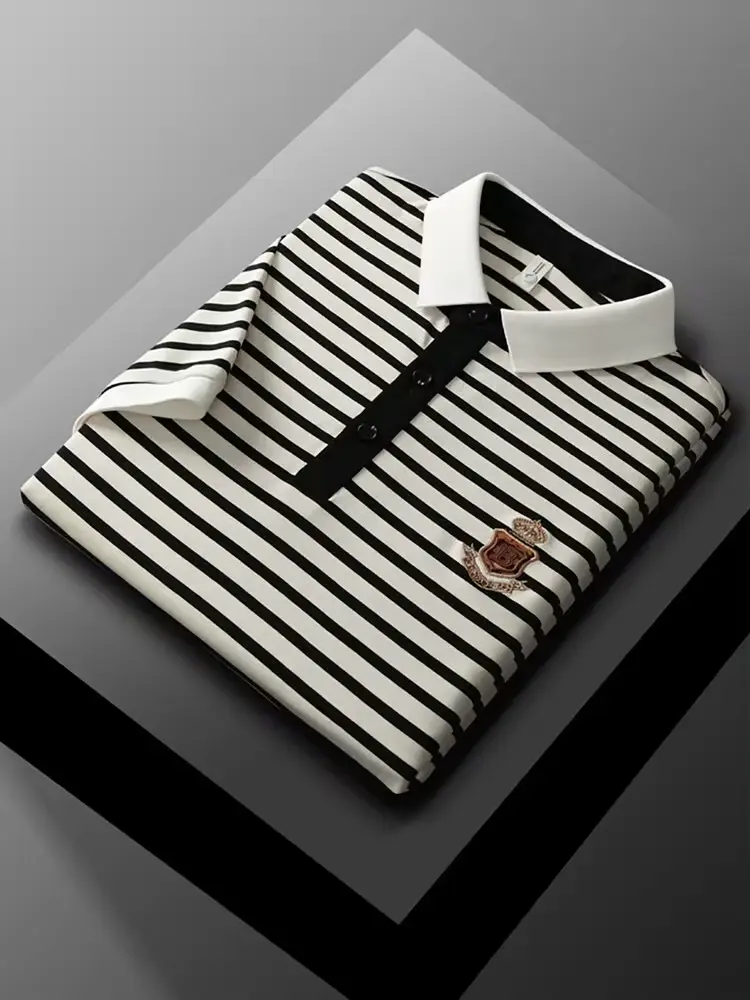 High end brand short sleeve polo shirt men's summer fashion letter embroidery stripe design top breathable casual lapel T-shirt