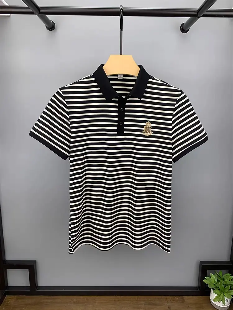 High end brand short sleeve polo shirt men's summer fashion letter embroidery stripe design top breathable casual lapel T-shirt
