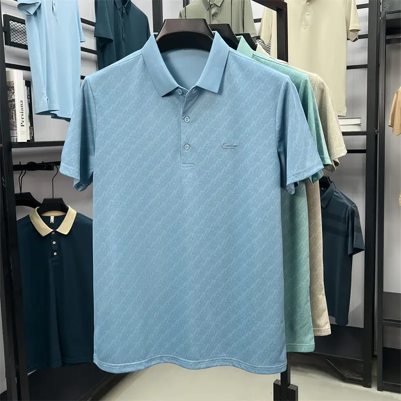 Personality jacquard silk cotton short sleeve polo shirt luxury brand embossed fashion new T-shirt breathable casual men's top
