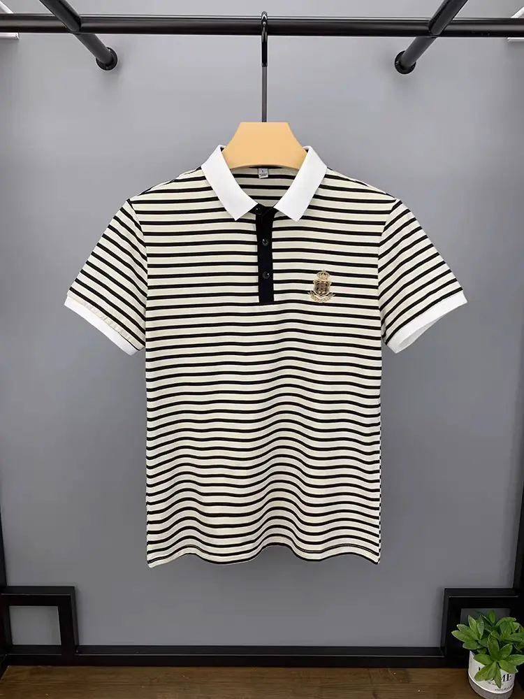 High end brand short sleeve polo shirt men's summer fashion letter embroidery stripe design top breathable casual lapel T-shirt