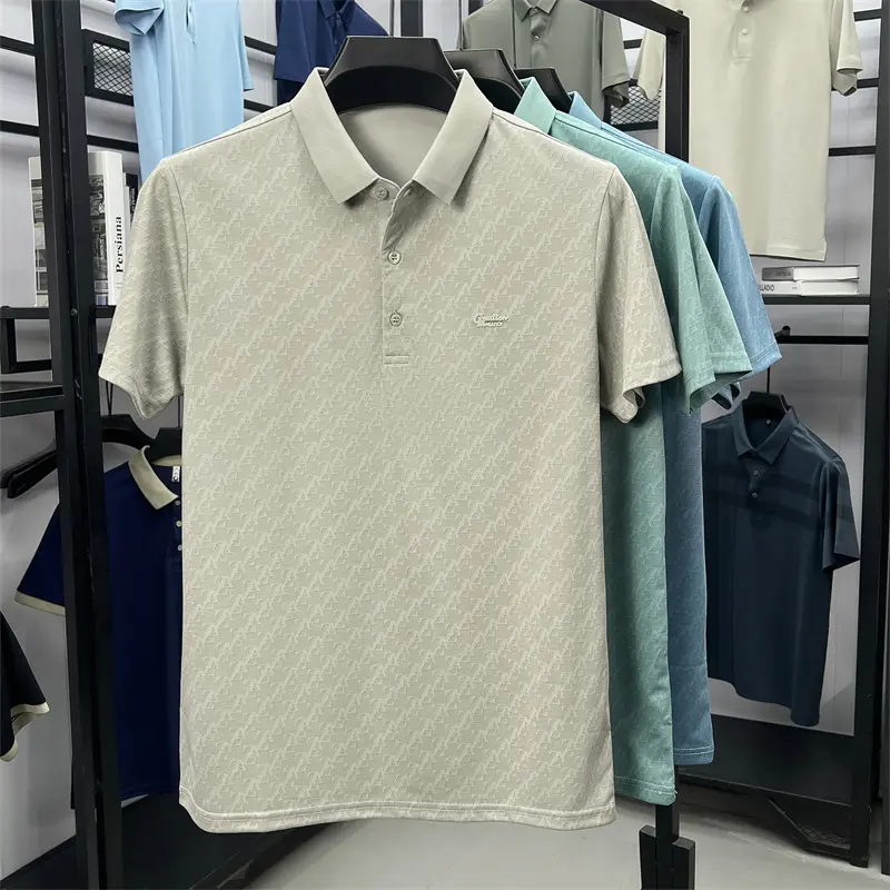 Personality jacquard silk cotton short sleeve polo shirt luxury brand embossed fashion new T-shirt breathable casual men's top