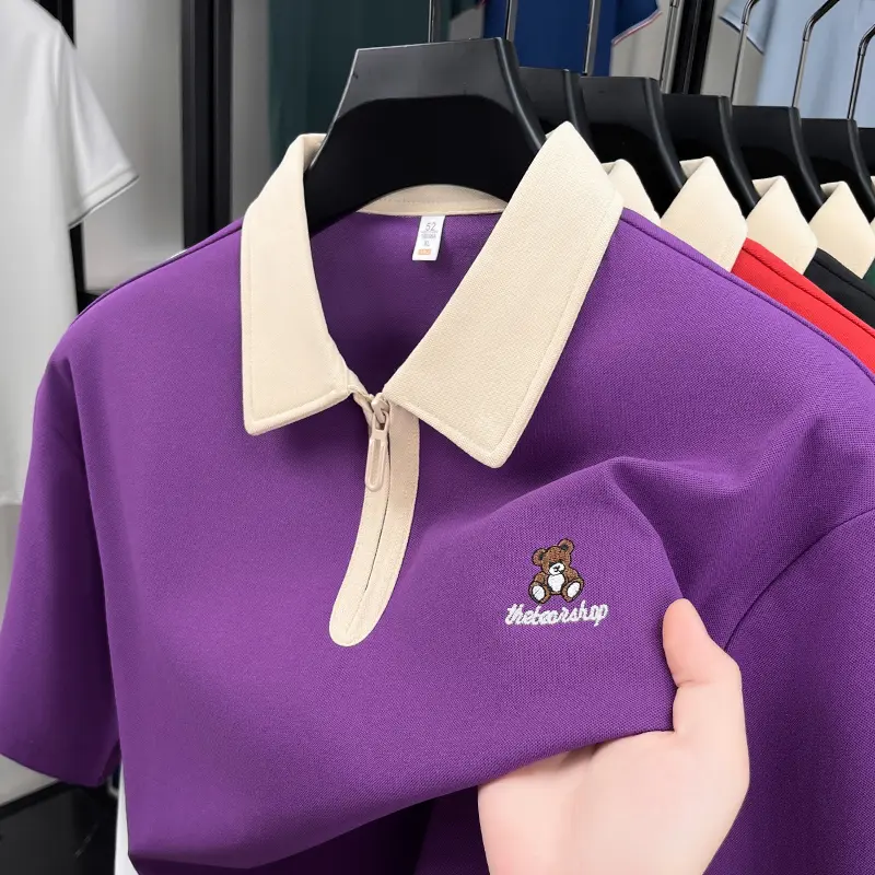 Luxury trendy brand short sleeve polo shirt teddy bear embroidery 2025 summer new fashion comfortable casual men's lapel T-shirt