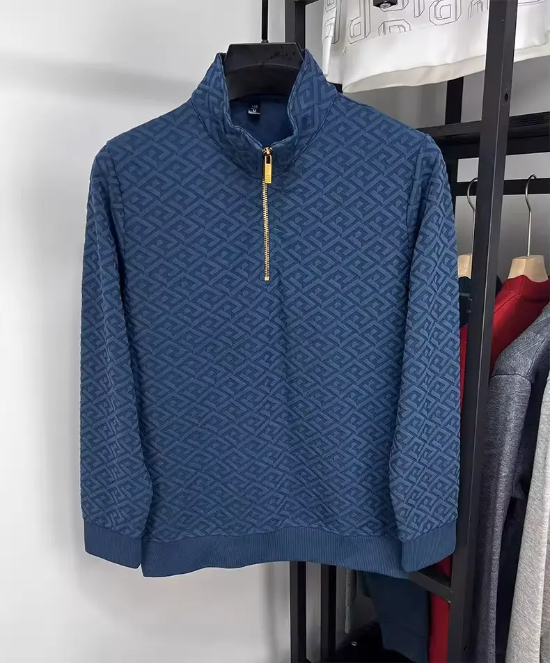High end brand fashion jacquard long sleeve T-shirt men's casual sweater autumn trend Korean style half zipper collar pullover