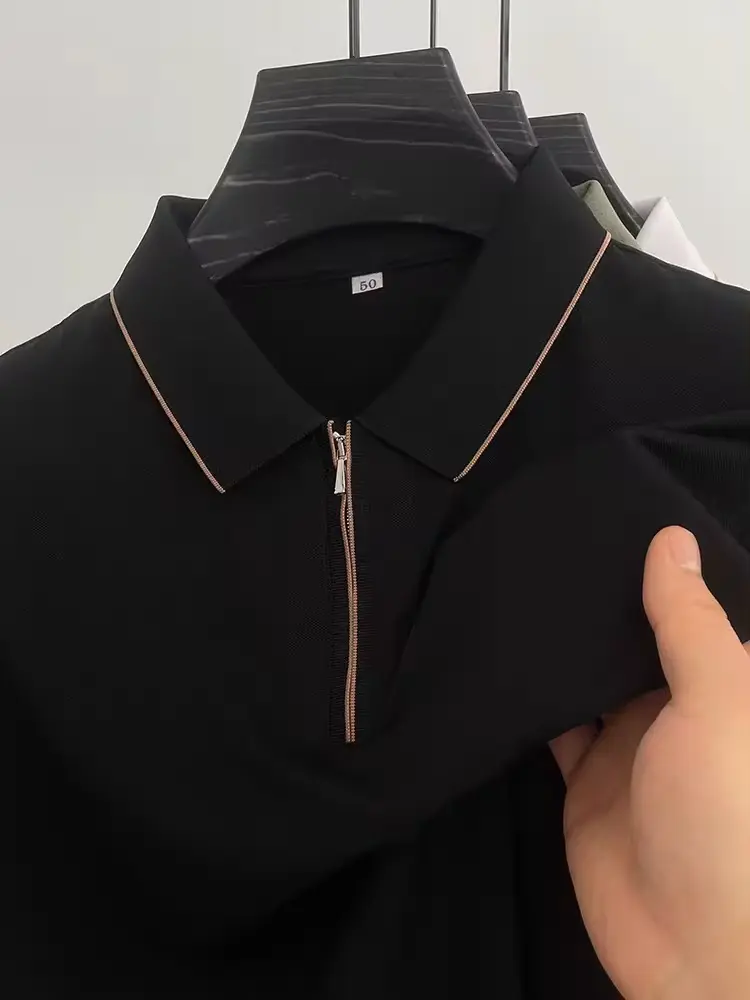 Luxury and fashionable half zippered short sleeve POLO shirt men new casual solid color summer mulberry silk breathable T-shirt