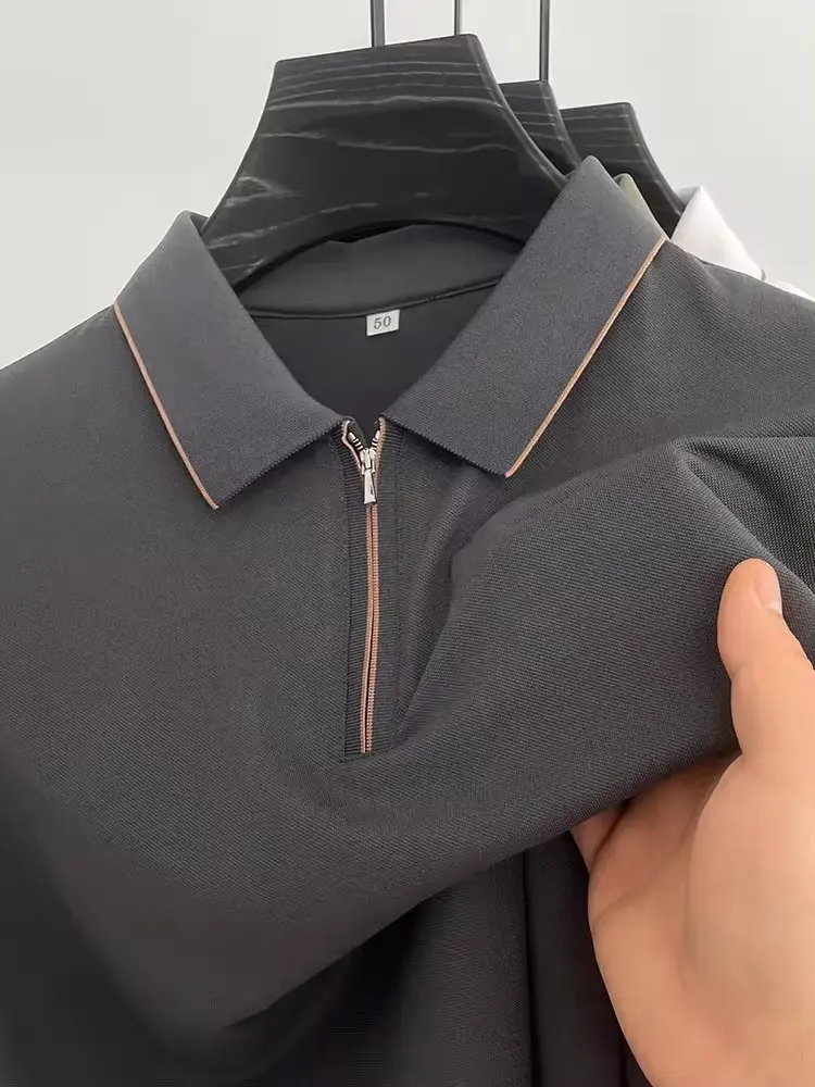 Luxury and fashionable half zippered short sleeve POLO shirt men new casual solid color summer mulberry silk breathable T-shirt