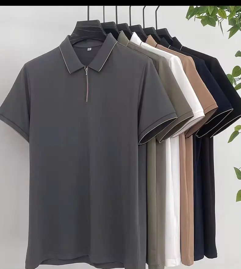 Luxury and fashionable half zippered short sleeve POLO shirt men new casual solid color summer mulberry silk breathable T-shirt