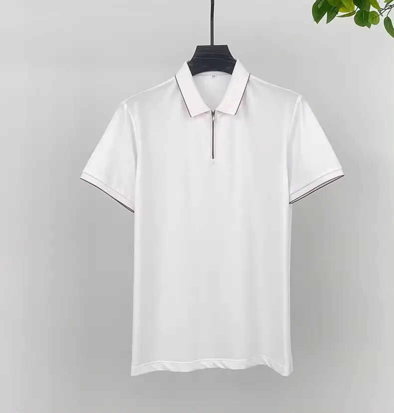 Luxury and fashionable half zippered short sleeve POLO shirt men new casual solid color summer mulberry silk breathable T-shirt