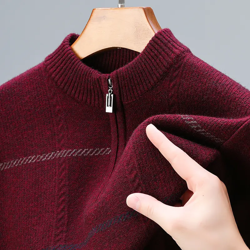 Advanced luxury and fashionable round neck with zipper classic striped casual men's sweater warm and thick knit pullover sweater