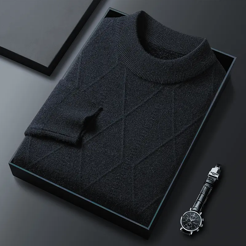 Luxury high-end autumn and winter round neck solid color classic diamond jacquard men's sweater casual thick knit pullover