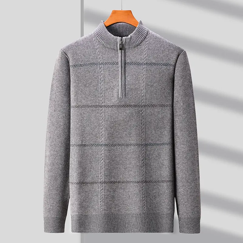 Advanced luxury and fashionable round neck with zipper classic striped casual men's sweater warm and thick knit pullover sweater