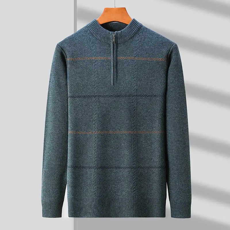 Advanced luxury and fashionable round neck with zipper classic striped casual men's sweater warm and thick knit pullover sweater