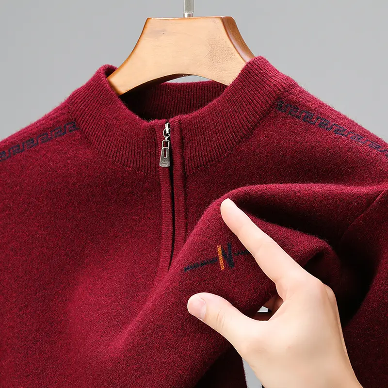 High quality luxury half zipper round neck sweater men's fashion letter embroidery autumn and winter warm knit pullover sweater