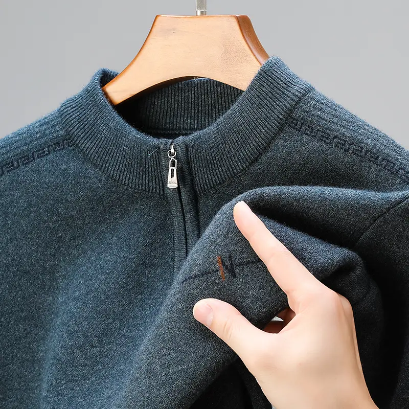 High quality luxury half zipper round neck sweater men's fashion letter embroidery autumn and winter warm knit pullover sweater