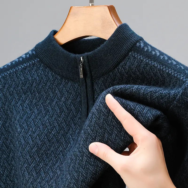 High quality fashionable autumn and winter high tie zipper exquisite pattern men's sweater casual warm thick knitted pullover