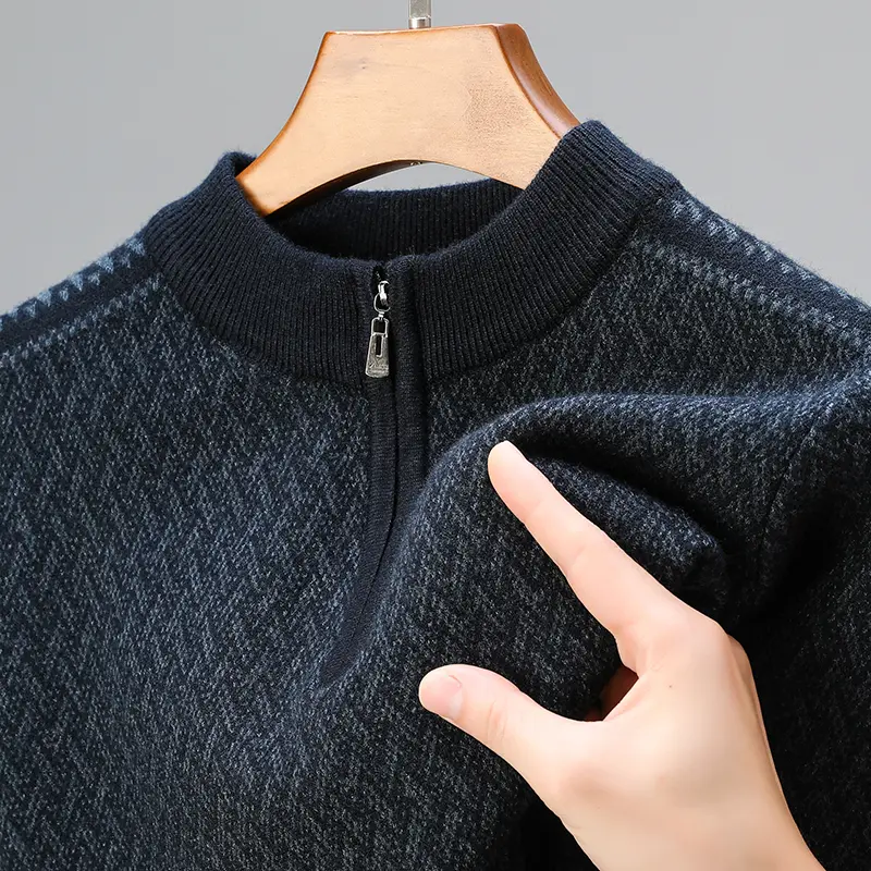 High quality fashionable autumn and winter high tie zipper exquisite pattern men's sweater casual warm thick knitted pullover