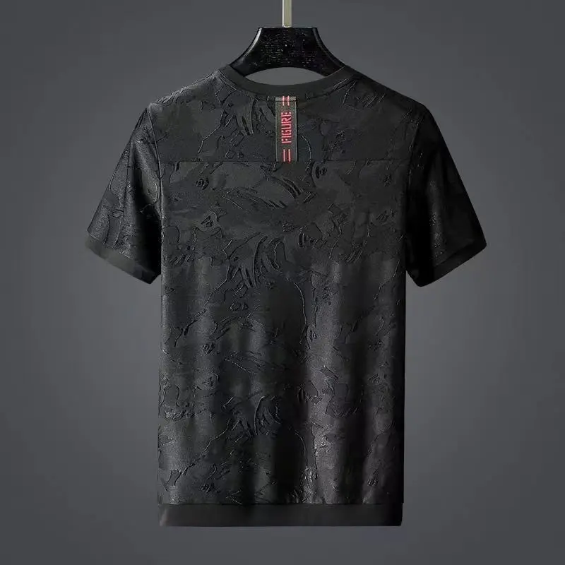 High end exquisite Jacquard Ribbon splicing short sleeve t-shirt men's summer trend new loose large handsome luxury half sleeve